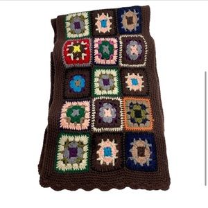 Lucky Brand Granny Square Crochet Brown Multi Color Crochet Scarf